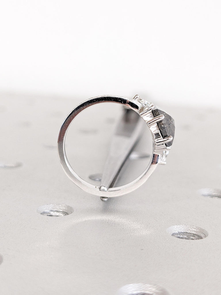 Salt and Pepper Diamond Ring, Filigree 14k Gold Engagement Ring, Hexagon Diamond Ring, Art Deco Raw Diamond Ring, Triangle Moissanite Ring