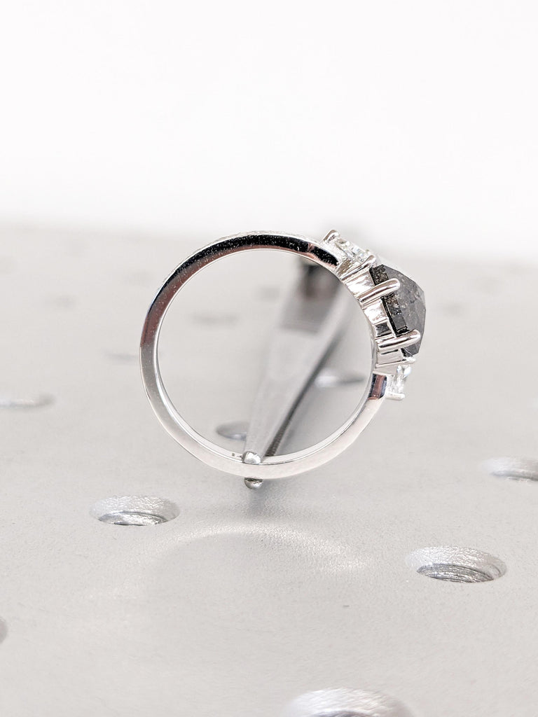 Hexagon Ring, Raw Salt and Pepper Diamond Ring, White Gold Ring, Filigree Ring, Engagement Rings, Triangle Diamond Ring, Gold Statement Ring