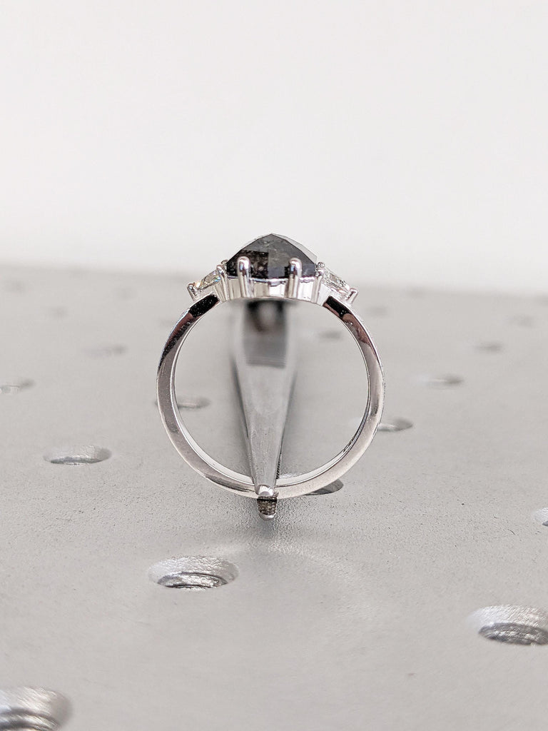 Hexagon Ring, Raw Salt and Pepper Diamond Ring, White Gold Ring, Filigree Ring, Engagement Rings, Triangle Diamond Ring, Gold Statement Ring