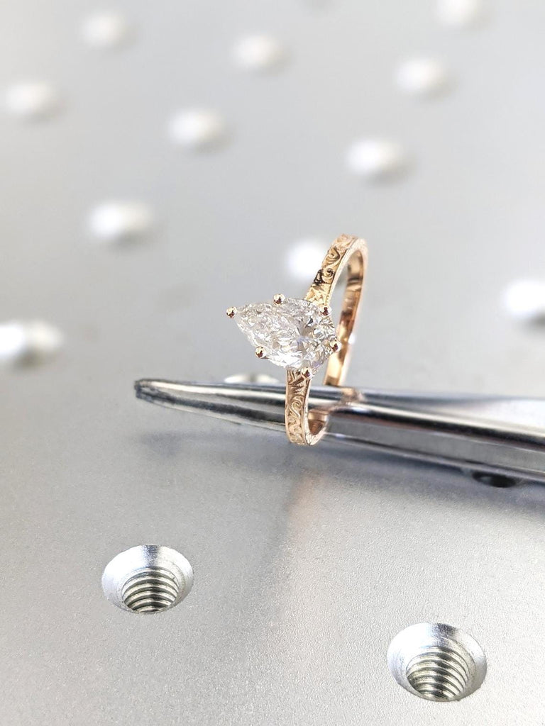 Pear cut Lab Grown Diamond Engagement Ring | 18k Rose Gold Rings for Women | Solitaire Diamond Ring | Antique Filigree Band Wedding Jewelry