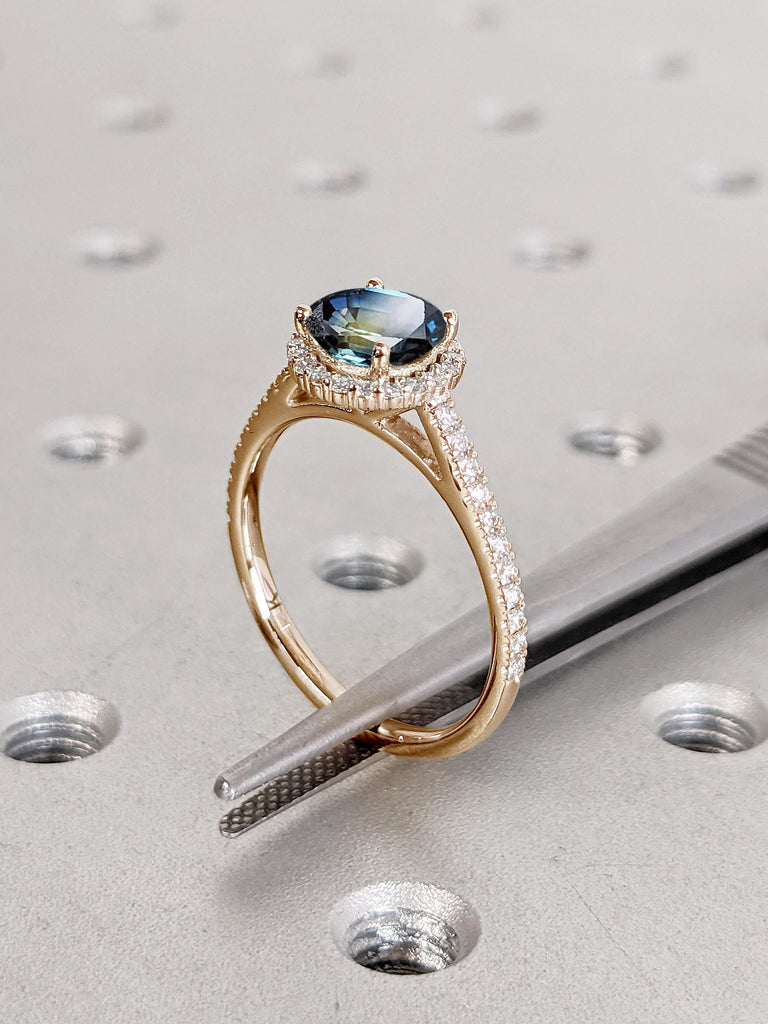 Blue Green Sapphire Ring, Rose Gold Engagement Ring, Halo Promise Ring for Her, Art Deco Comfort fit Ring, Half Eternity Band, Gift for Her