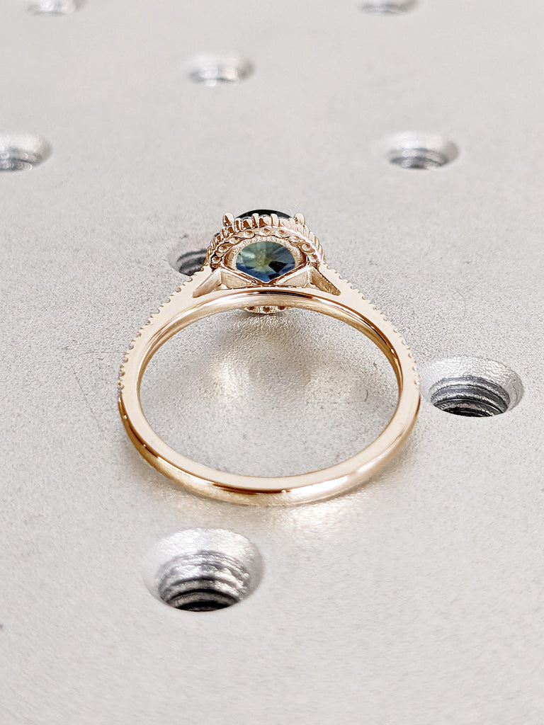 Blue Green Sapphire Ring, Rose Gold Engagement Ring, Halo Promise Ring for Her, Art Deco Comfort fit Ring, Half Eternity Band, Gift for Her