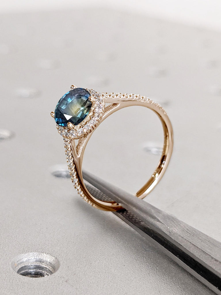 Blue Green Sapphire Ring, Rose Gold Engagement Ring, Halo Promise Ring for Her, Art Deco Comfort fit Ring, Half Eternity Band, Gift for Her