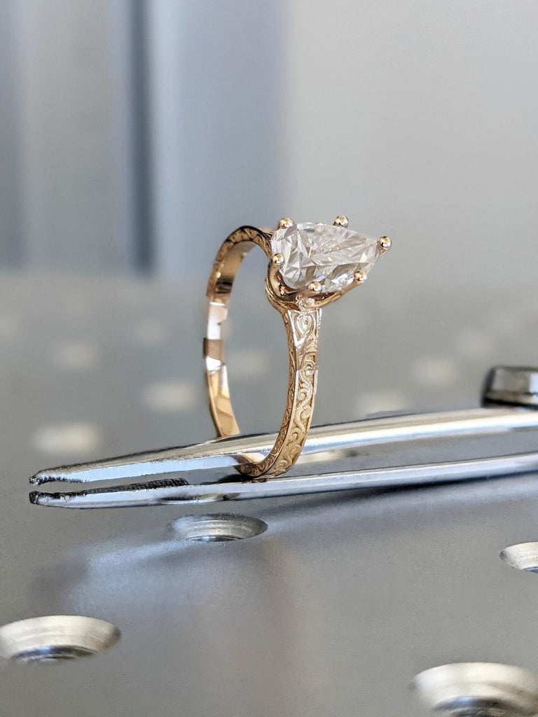 VVS Moissanite Vintage Engagement Ring | Solid Rose Gold Solitaire Moissanite Ring | Handmade Filigree Wedding Band | Unique Proposal Ring