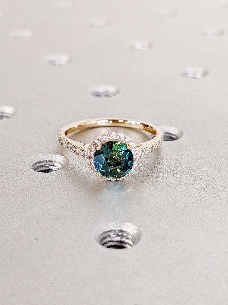 Blue Green Sapphire Ring, Rose Gold Engagement Ring, Halo Promise Ring for Her, Art Deco Comfort fit Ring, Half Eternity Band, Gift for Her