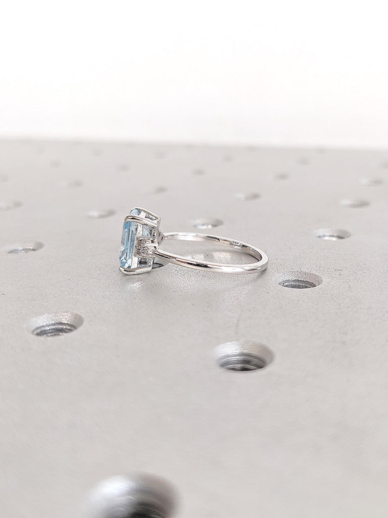 Aquamarine Engagement Ring, Radiant Cut Ring, 14k Gold Aquamarine Ring, Statement Rings for Women, March Birthstone, Diamond Cluster Ring