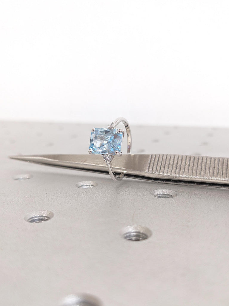 Aquamarine Engagement Ring, Radiant Cut Ring, 14k Gold Aquamarine Ring, Statement Rings for Women, March Birthstone, Diamond Cluster Ring