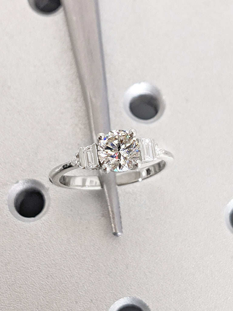Five Stone Engagement Ring with Round CVD Diamond center stone, Solitaire Round & Baguette Art Deco Bridal Ring, 5 Stone Wedding Ring, White Gold Ring