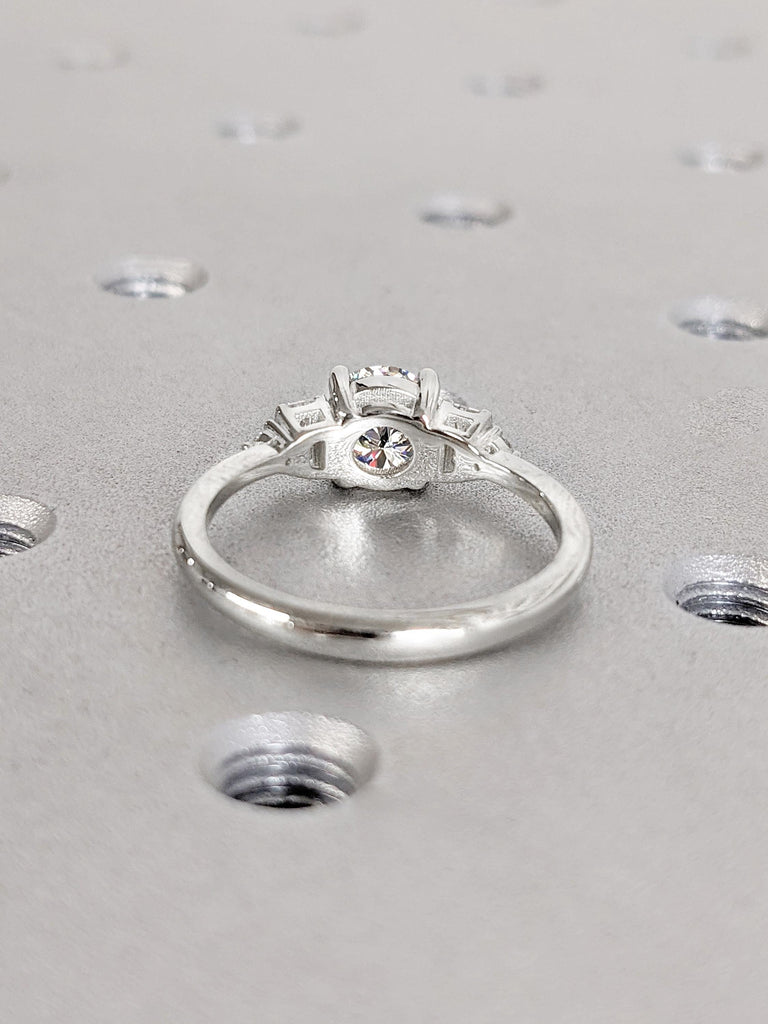 1ct, 2 Carat Round CVD Diamond | 14K Solid White Gold Diamond Ring | Dainty Round & Baguette Art Deco Promise Ring | 5 Stone Engagement Ring
