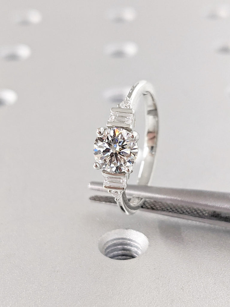 Five Stone Engagement Ring with Round Moissanite center stone, Solitaire Round & Baguette Art Deco Bridal Ring, 5 Stone Wedding Ring, White Gold Ring