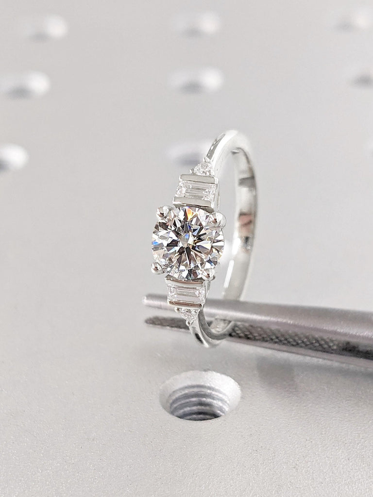 Five Stone Engagement Ring with Round Moissanite center stone, Solitaire Round & Baguette Art Deco Bridal Ring, 5 Stone Wedding Ring, White Gold Ring