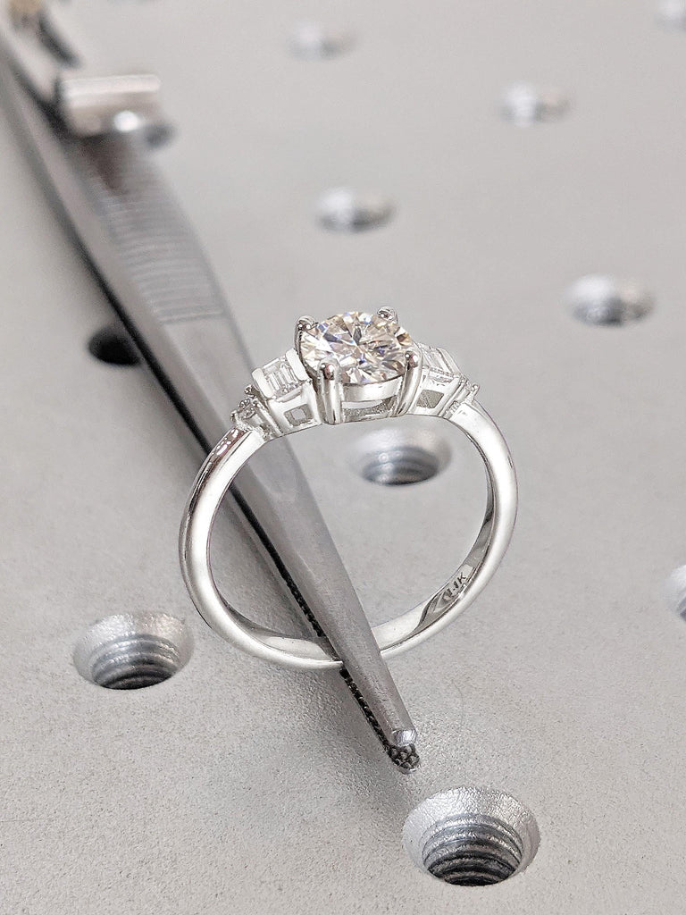 Unique Round and Baguette cut Moissanite Engagement Ring | Art Deco Promise Ring | Wedding Anniversary Gift | 14k Thin Gold Rings for Women