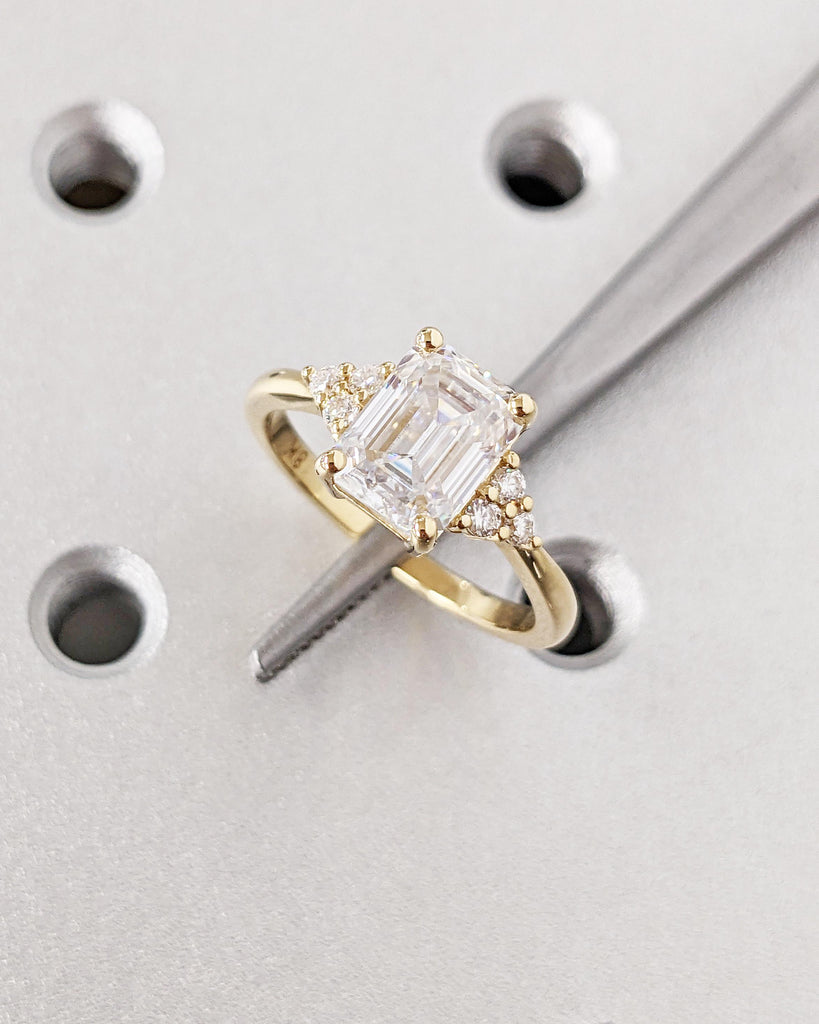Emerald Cut Moissanite Engagement Ring, Vintage Unique Cluster Yellow Gold Engagement Ring Women, Round Diamond Wedding Art Deco Anniversary