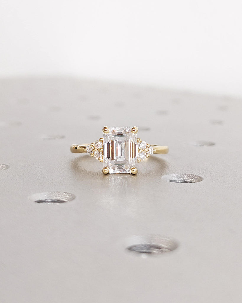 Lab Grown Diamond Ring, Emerald Cut Ring 14K Yellow Gold Engagement Ring, Art Deco Vintage Anniversary Round Diamond Cluster Engagement Ring