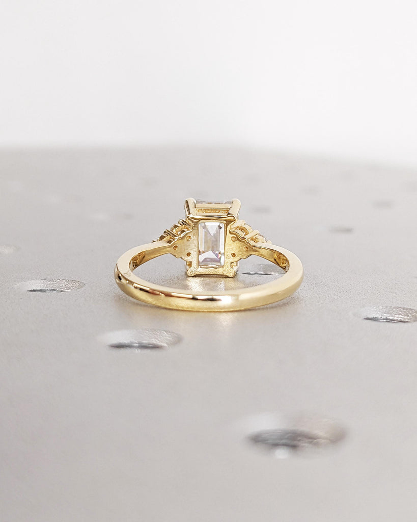 Emerald Cut Engagement Ring, Art Deco Lab Grown Diamond Ring, 18k Gold Ring, Diamond Cluster Ring, Women Wedding Ring, Promise Ring for Her