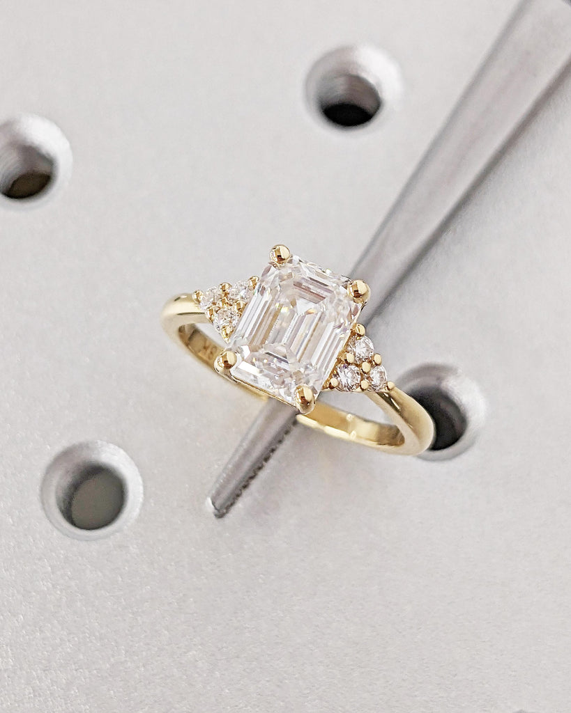 Lab Grown Diamond Engagement Ring, Emerald Cut Ring, Unique Lab Diamond Ring, 18k Solid Gold Ring, Gift for Wife, Vintage Anniversary Ring