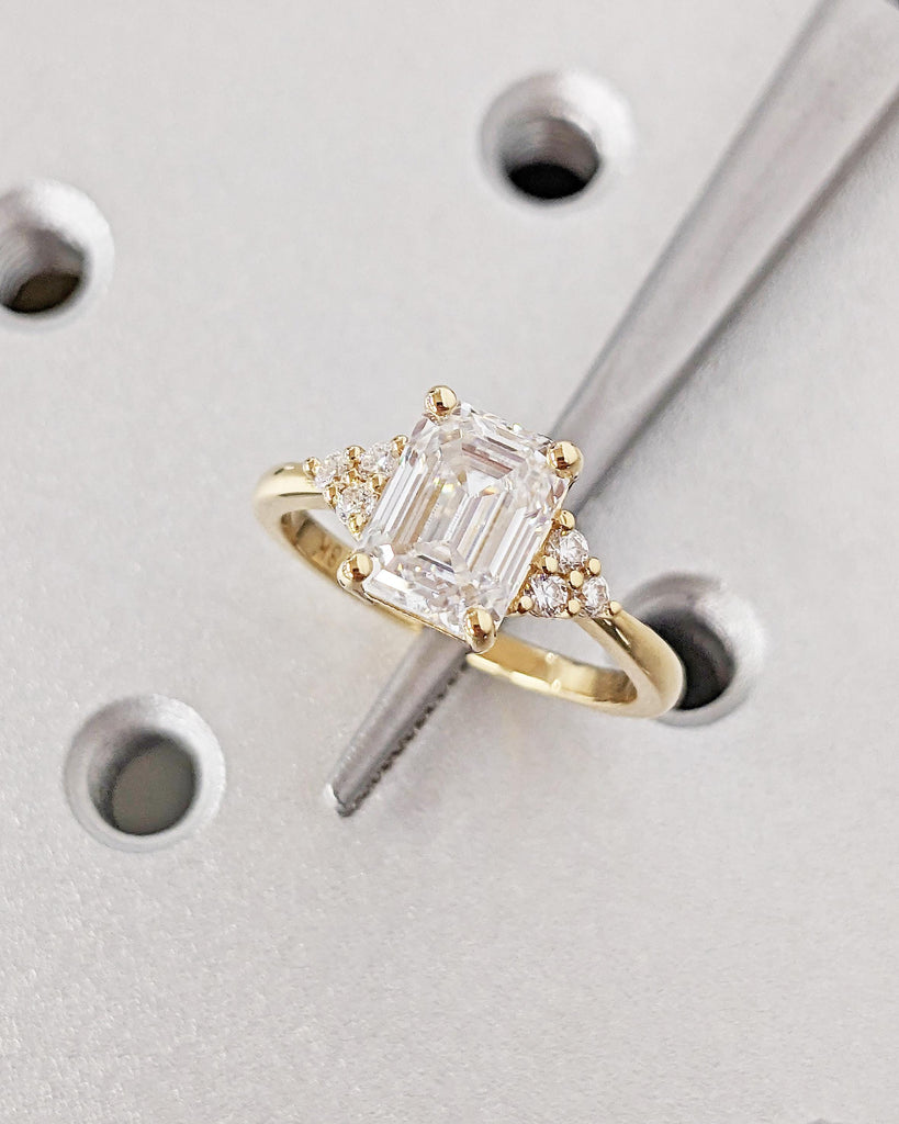Lab Grown Diamond Ring, Emerald Cut Ring 14K Yellow Gold Engagement Ring, Art Deco Vintage Anniversary Round Diamond Cluster Engagement Ring