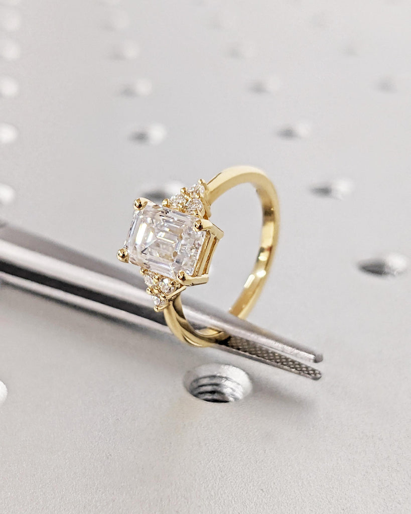 Emerald Cut Engagement Ring, Art Deco Lab Grown Diamond Ring, 18k Gold Ring, Diamond Cluster Ring, Women Wedding Ring, Promise Ring for Her