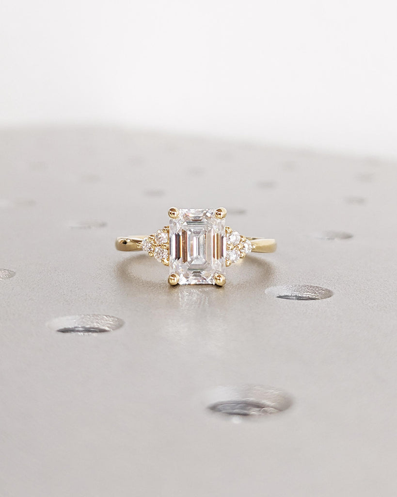 Emerald Cut Moissanite Engagement Ring, Vintage Unique Cluster Yellow Gold Engagement Ring Women, Round Diamond Wedding Art Deco Anniversary