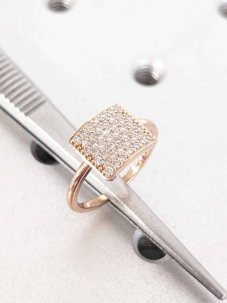 Square Diamond Paved Dainty Signet Ring | Rose Gold Minimalist Pinky Ring for Women | Dainty Square Diamond Ring | 14k Pinky Signet Ring
