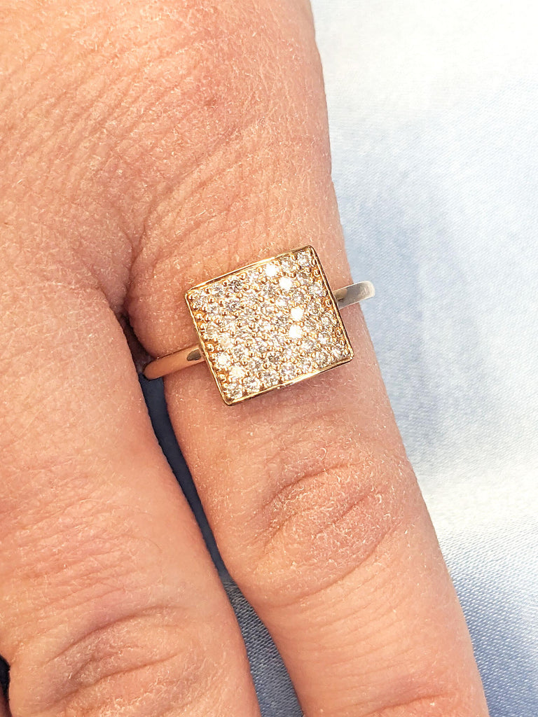 14k Rose Gold Diamond Signet Pinky Ring | Tiny Round Lab Created Diamond Ring | White Moissanite Ring