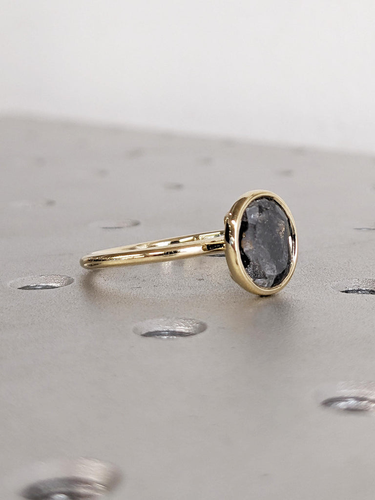 Oval Engagement Ring, Raw Salt and Pepper Diamond Ring, Solid Gold Ring, Unique Solitaire Ring, Bezel Ring, Raw Diamond Ring, Gift for Wife