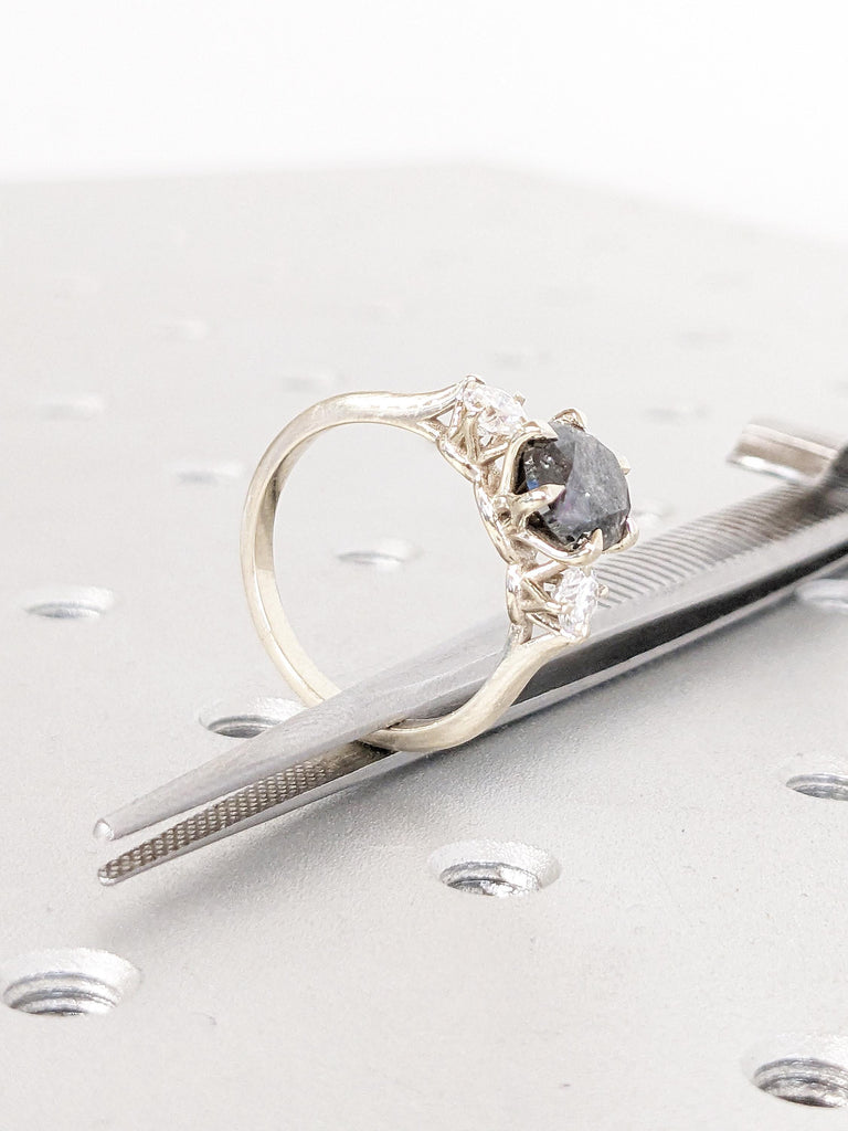 Art Deco Salt and Pepper Diamond Ring, 14k White Gold Ring, Matte Finished Wedding Ring, Gold Engagement Ring, Moissanite and Diamond Ring