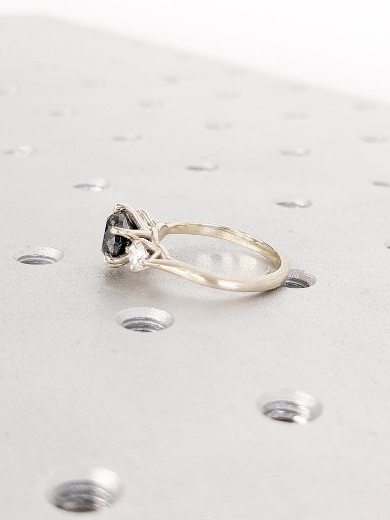 Art Deco Salt and Pepper Diamond Ring, 14k White Gold Ring, Matte Finished Wedding Ring, Gold Engagement Ring, Moissanite and Diamond Ring