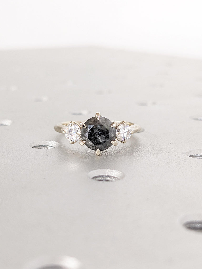 Art Deco Salt and Pepper Diamond Ring, 14k White Gold Ring, Matte Finished Wedding Ring, Gold Engagement Ring, Moissanite and Diamond Ring