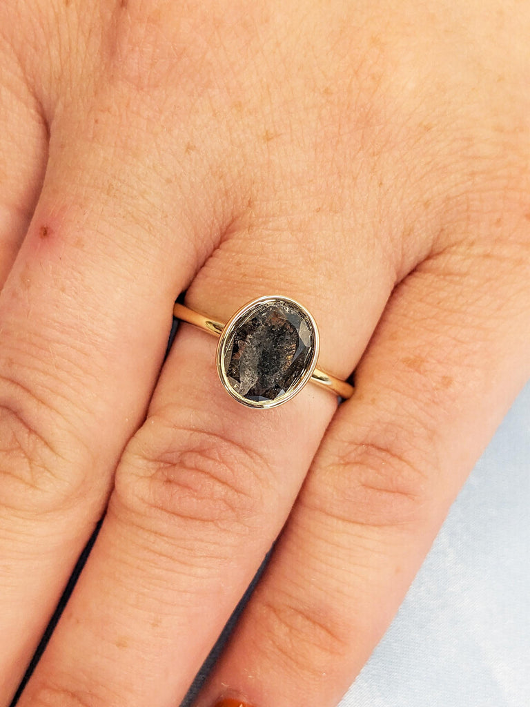 Oval Engagement Ring, Raw Salt and Pepper Diamond Ring, Solid Gold Ring, Unique Solitaire Ring, Bezel Ring, Raw Diamond Ring, Gift for Wife