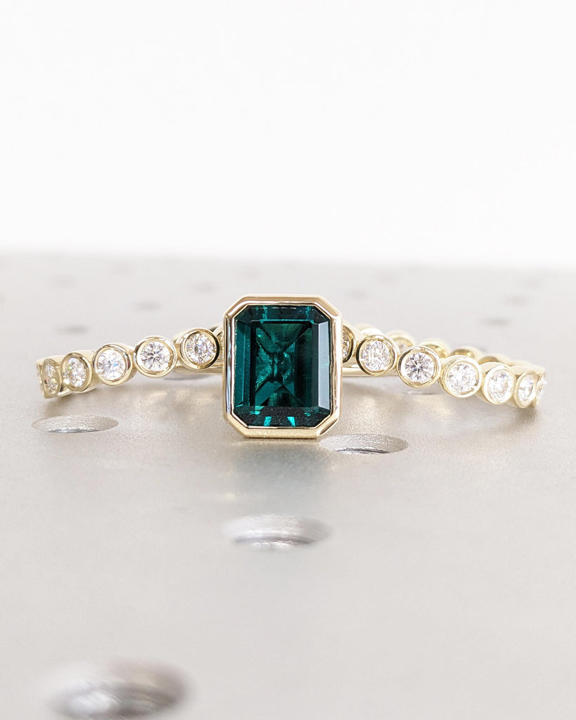 Emerald Cut Lab Emerald Engagement Ring Set, 14K Gold Promise Ring Set 3pcs Bridal Wedding Set, Bezel Rings, Moissanite Eternity Bands Stack