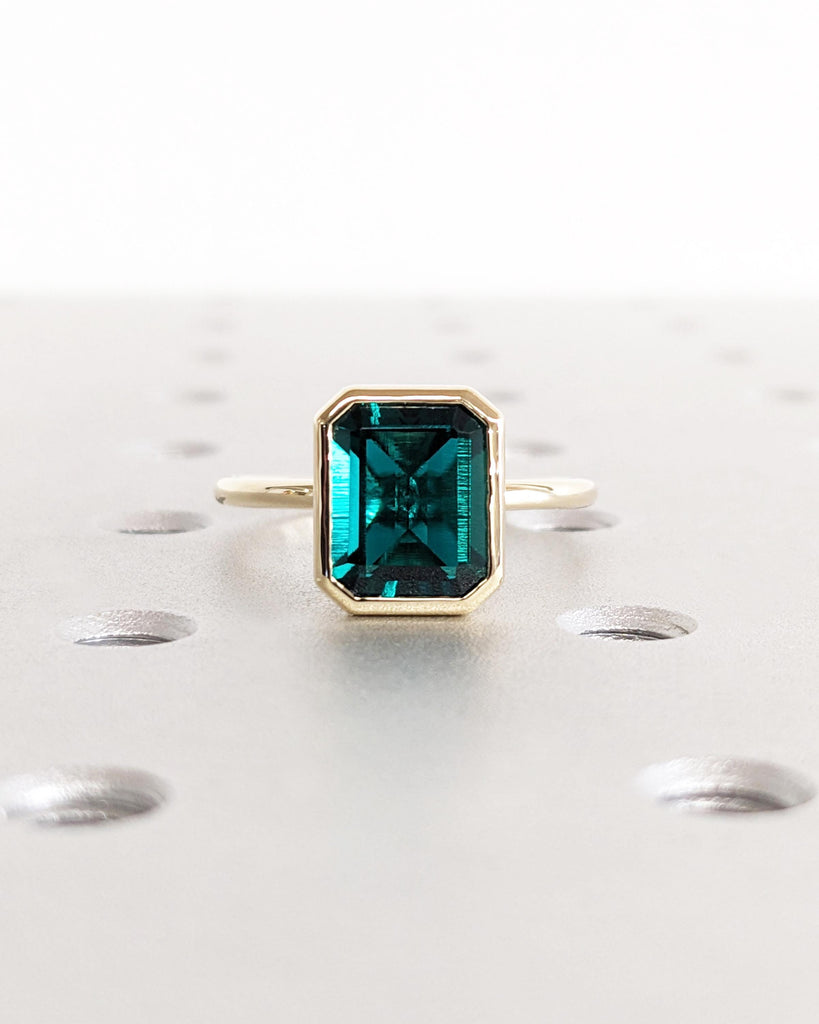Emerald Cut Lab Emerald Engagement Ring Set, 14K Gold Promise Ring Set 3pcs Bridal Wedding Set, Bezel Rings, Moissanite Eternity Bands Stack