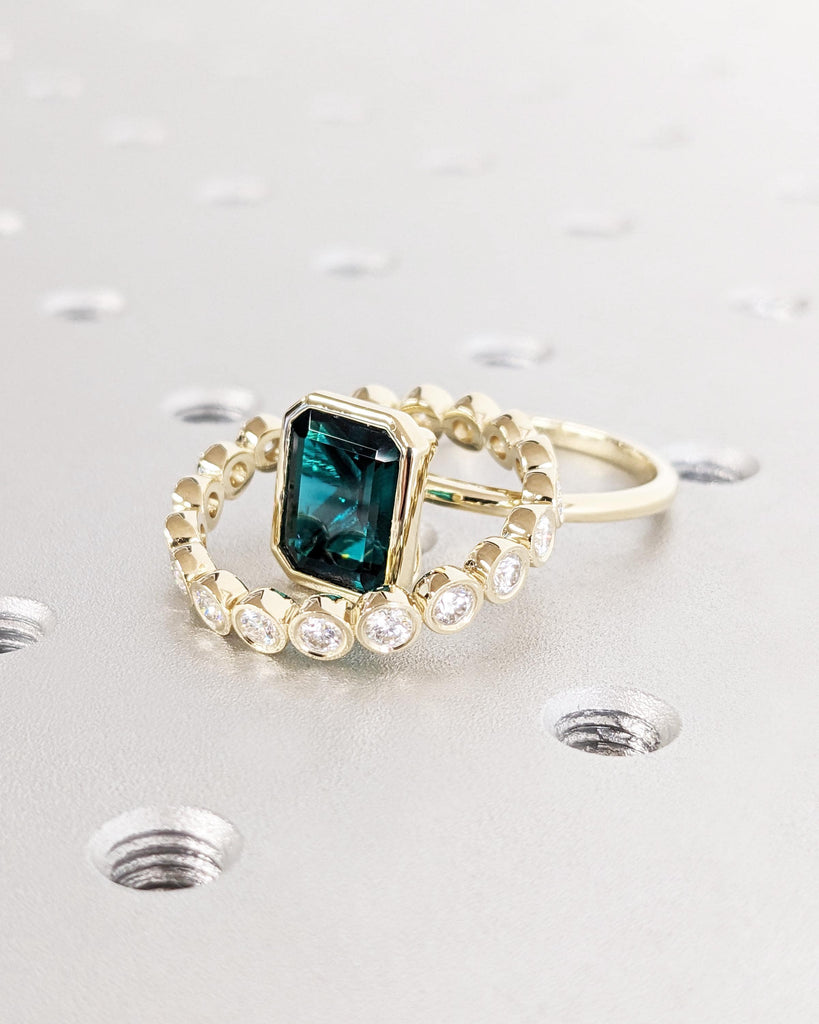 Emerald Cut Lab Emerald Engagement Ring Set, 14K Gold Promise Ring Set 3pcs Bridal Wedding Set, Bezel Rings, Moissanite Eternity Bands Stack