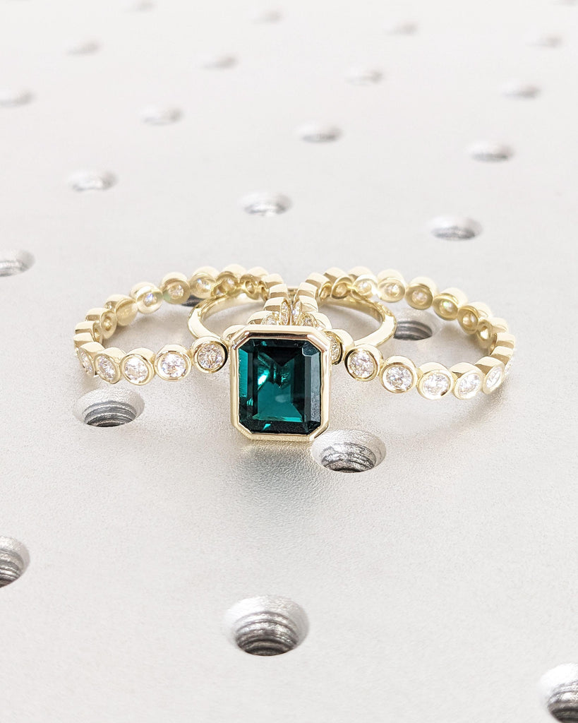 Emerald Cut Lab Emerald Engagement Ring Set, 14K Gold Promise Ring Set 3pcs Bridal Wedding Set, Bezel Rings, Moissanite Eternity Bands Stack