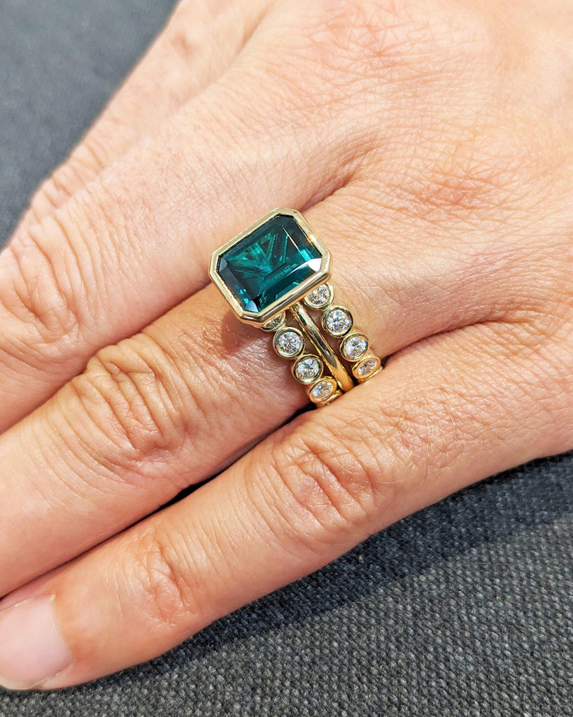 Emerald Cut Lab Emerald Engagement Ring Set, 14K Gold Promise Ring Set 3pcs Bridal Wedding Set, Bezel Rings, Moissanite Eternity Bands Stack