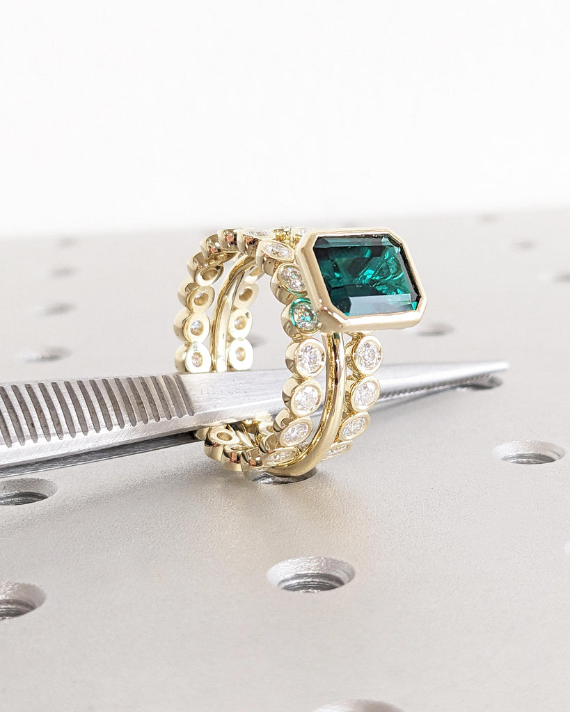 Emerald Cut Lab Emerald Engagement Ring Set, 14K Gold Promise Ring Set 3pcs Bridal Wedding Set, Bezel Rings, Moissanite Eternity Bands Stack