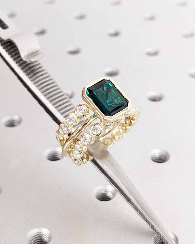 Emerald Cut Lab Emerald Engagement Ring Set, 14K Gold Promise Ring Set 3pcs Bridal Wedding Set, Bezel Rings, Moissanite Eternity Bands Stack