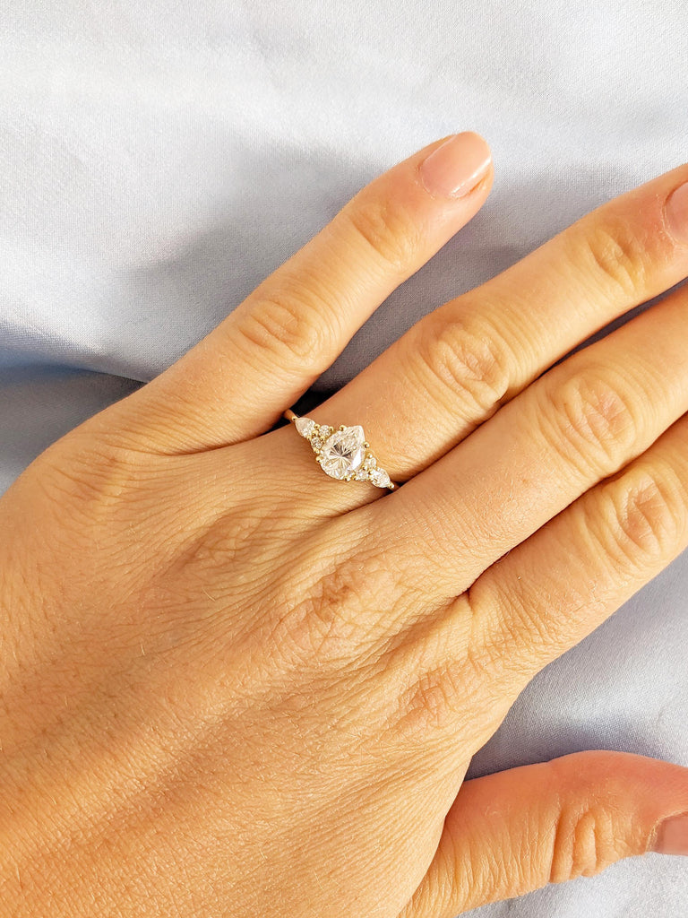 Art Deco Moissanite Engagement Ring, 14k Solid Gold Ring, Unique Pear Ring, Moissanite Rings for Women, Moissanite Cluster Ring, Custom Ring
