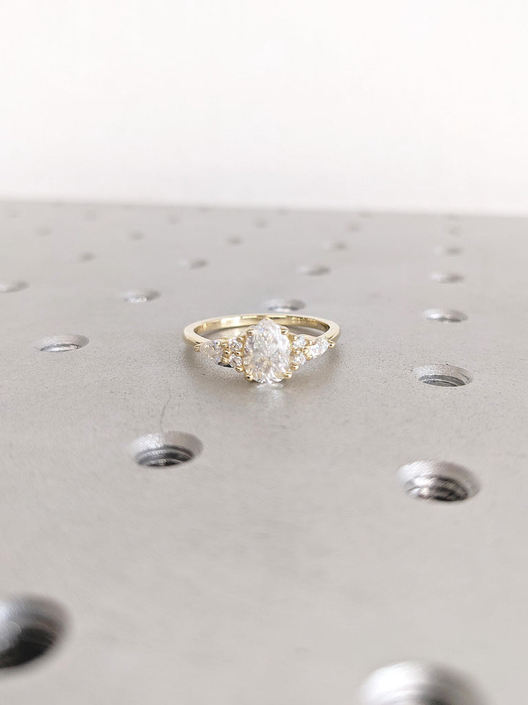 Pear Lab Grown Diamond Engagement Ring, Art Deco Diamond Cluster Ring, 14k Gold Lab Diamond Ring, Vintage Gold Ring, Engagement Gift for Her