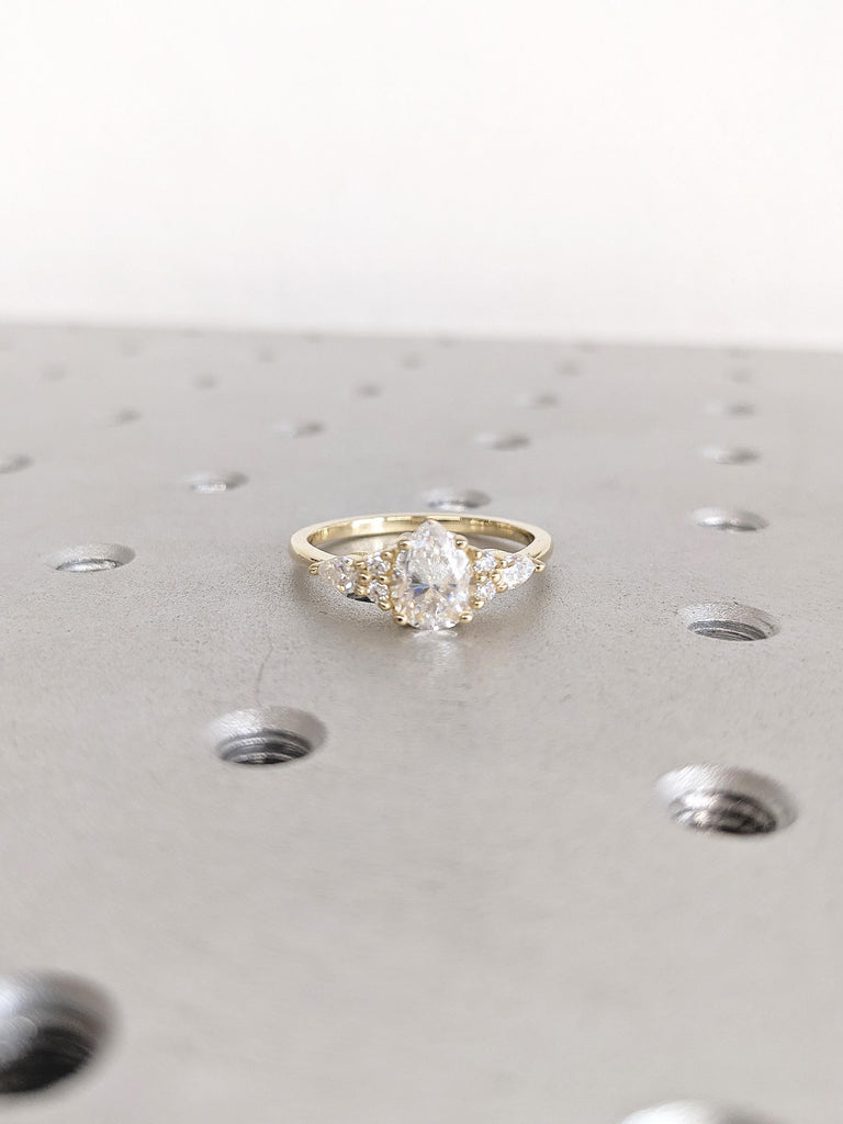 Pear Engagement Ring, Moissanite Cluster Ring