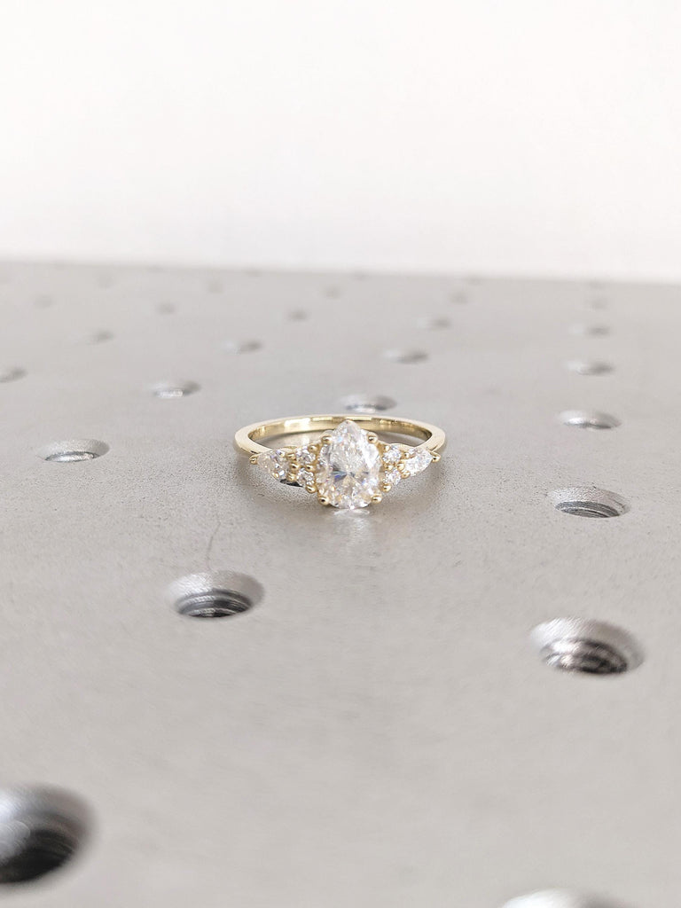 Art Deco Moissanite Engagement Ring, 14k Solid Gold Ring, Unique Pear Ring, Moissanite Rings for Women, Moissanite Cluster Ring, Custom Ring