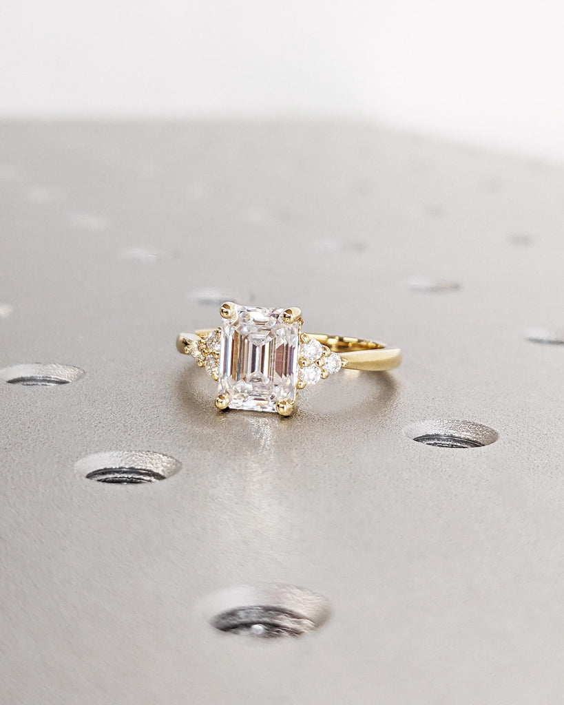 1.5ct Lab Grown Diamond Ring / Emerald Cut Ring / Yellow Gold Engagement Ring / Art Deco Vintage Anniversary Diamond Cluster Engagement Ring