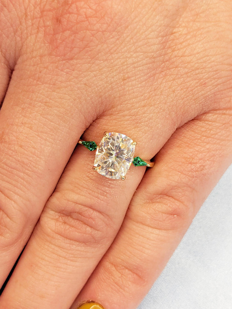 Unique Moissanite Ring, 14k Solid Gold Ring, Cushion Cut Engagement Ring, Kite Cut Lab Emerald Ring, Art Deco Moissanite Anniversary Ring