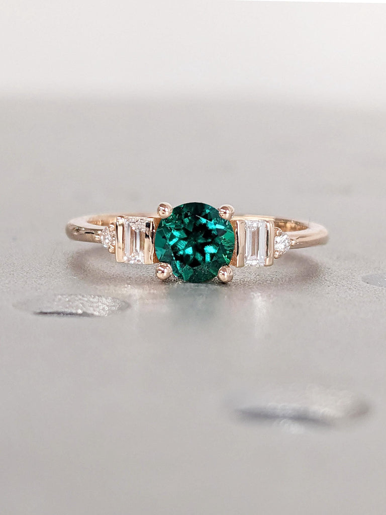 Unique May Birthstone Emerald Rose Gold Engagement Ring | Round cut Promise Ring | Baguette Ring | 14k Thin Gold Rings for Women