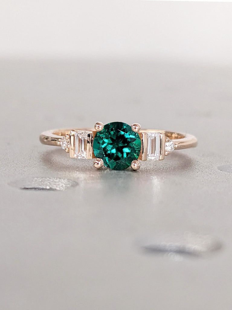 Unique May Birthstone Emerald Rose Gold Engagement Ring | Round cut Promise Ring | Baguette Ring | 14k Thin Gold Rings for Women