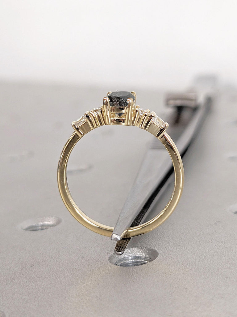 Cushion Cut Salt and Pepper Galaxy Diamond Ring | Five Stone Engagement Ring for Her in Yellow Gold | Art Deco Bridal Ring | Promise Ring