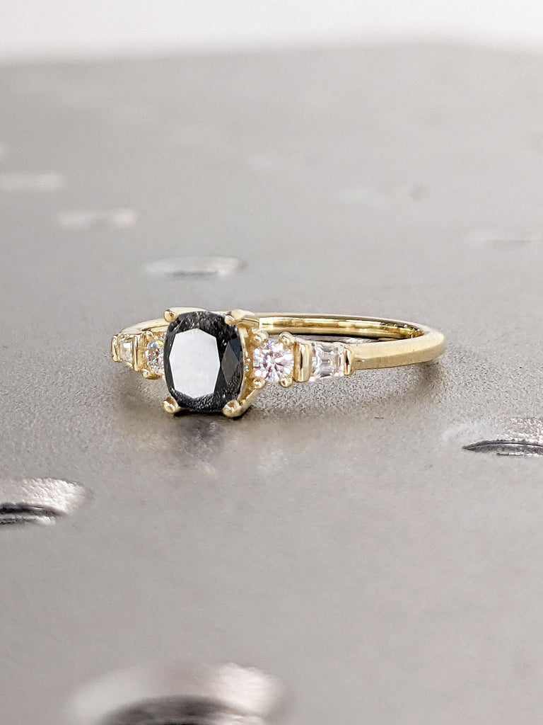 Raw Salt and Pepper Diamond Wedding Ring | 0.5-2 CT Elongated Cushion Herkimer Diamond Engagement Ring | Unique Natural Black Diamond Ring