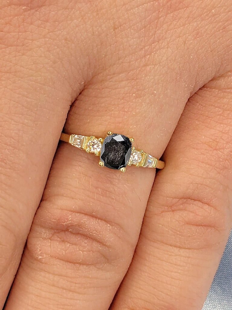 Elongated Cushion cut 1 - 2 Carat Natural Black Diamond Engagement Ring | 14k 18k Yellow Gold Rings for Women