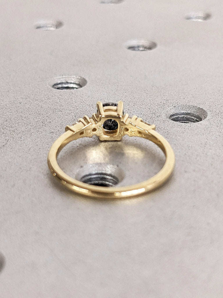 Raw Salt and Pepper Diamond Wedding Ring | 0.5-2 CT Elongated Cushion Herkimer Diamond Engagement Ring | Unique Natural Black Diamond Ring