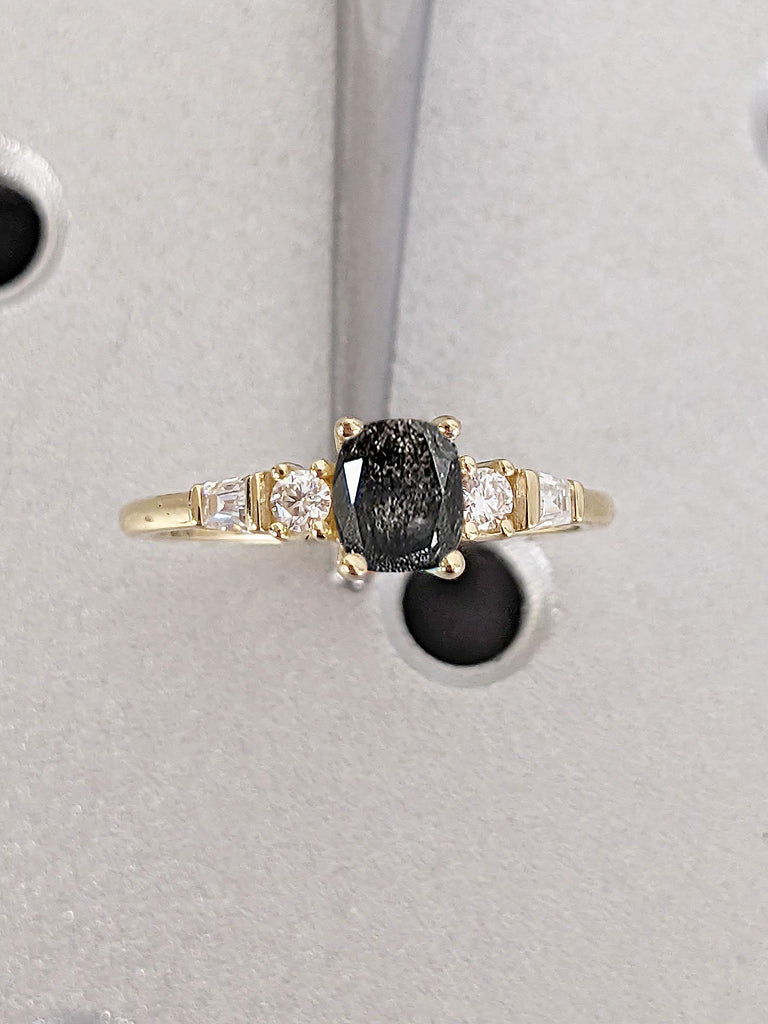 14k Yellow Gold Rings for Women | 14k Gold Salt and Pepper Black Diamond Ring | Cushion cut Engagement Ring | Promise Anniversary Ring